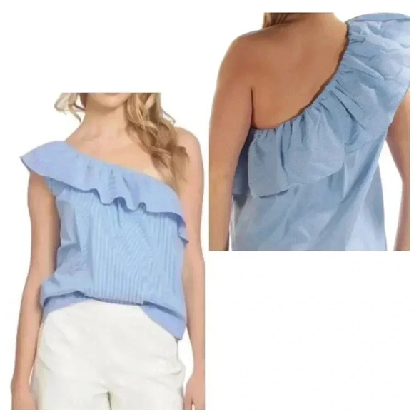 💥🆕 Sweet Wander Cold Shoulder Ruffle Top Blue S🆕 - Picture 1 of 7